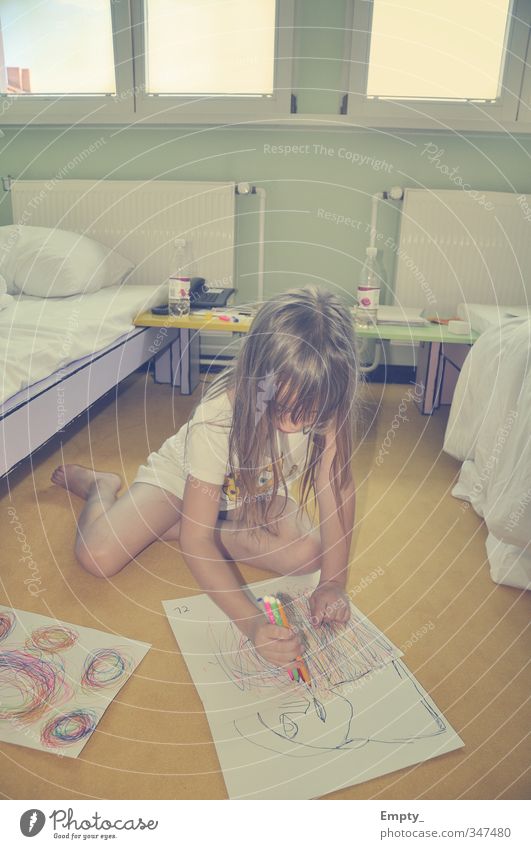 the creation of a work of art Child Girl Hair and hairstyles Draw Painting (action, artwork) Paper Art Work of art Crayon Multicoloured Bed Hotel room Window