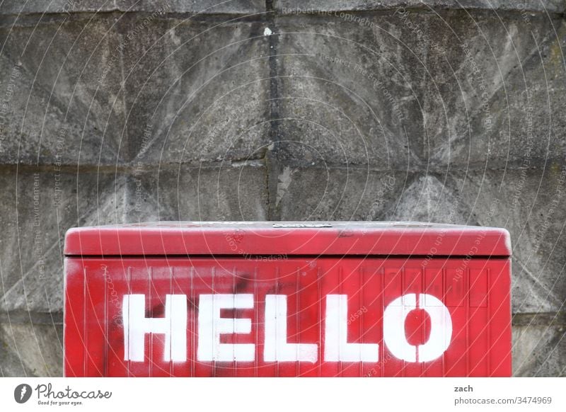 Writing Hello on a wall hello Salutation Communicate Copy Space top Graffiti Characters lettering Copy Space bottom Wall (barrier) Sign Facade Wall (building)