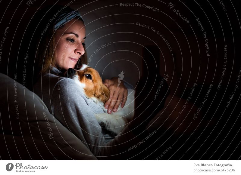 young woman at home using mobile phone. cute jack russell dog lying with her. Night time night screen dark pet relax together love friendship technology