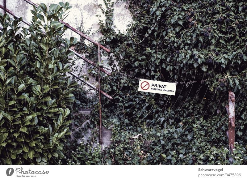 Private - no trespassing / a closed passageway interdiction Prohibition sign Signage cordon Passage overgrown Feral Barred obstacle