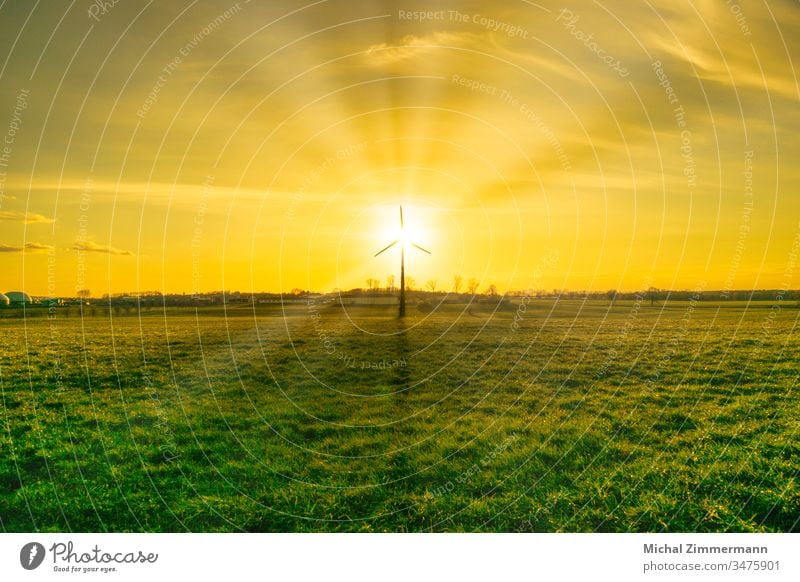 Wind power plant with biogas plant in sunshine/sunrise/sunset with green pasture grass Wind energy plant Sunrise Sunbeam Sunset Sunlight biogas facility