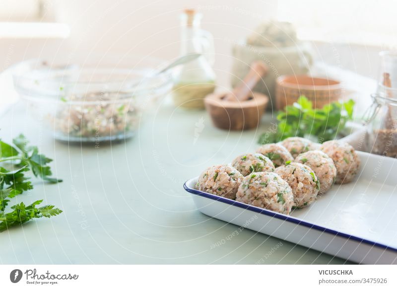 Vegan buckwheat Bällchen. Kitchen table with ingredients. Healthy home cooking and eating tasty vegan balls kitchen healthy appetizer background cuisine