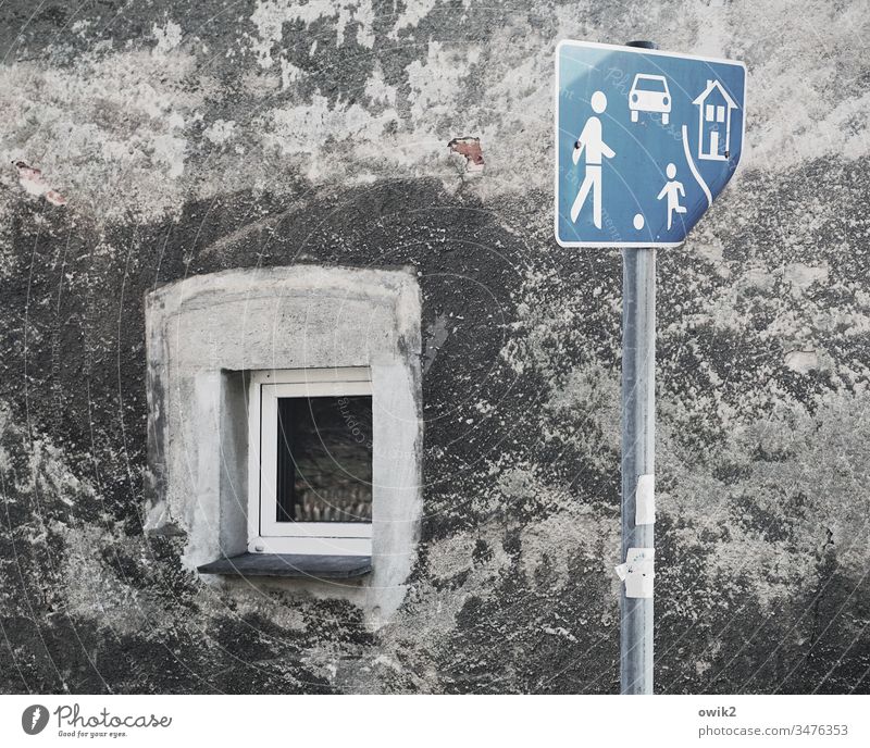 Broken Played Play street House (Residential Structure) Wall (building) Window dilapidated Old Ravages of time sign pedestrian zone Pictograms Figures symbols