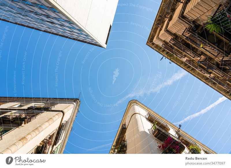 Detail of Beautiful Buildings Architecture In City Of Barcelona, Spain Shot With Perspective View barcelona el raval city center quarter gothic downtown spain