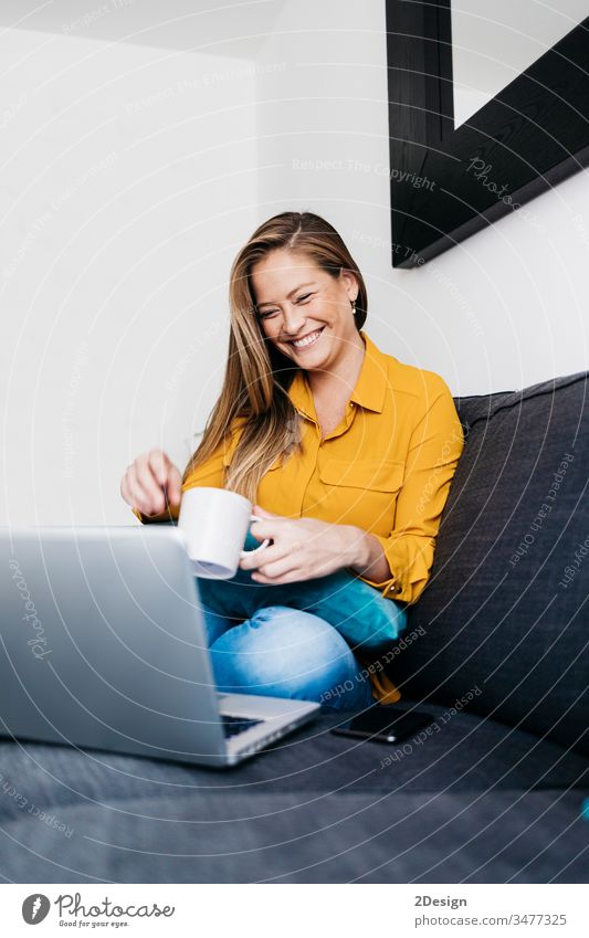 Pretty long haired female sitting on sofa with portable computer working remotely from home. woman using room relaxation smile typing communication modern