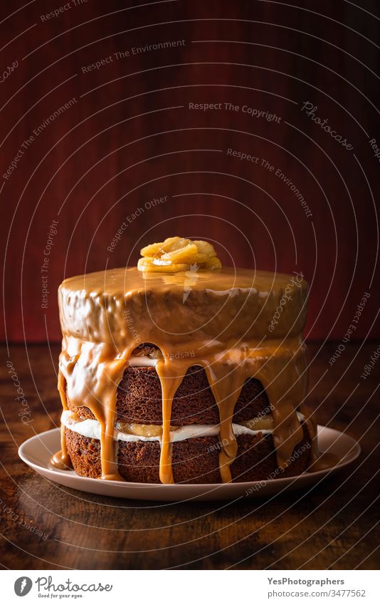 Birthday cake with caramel and apple. Layered caramel cake apple and caramel apple torte bakery birthday cake brown calories caramel sauce celebrating