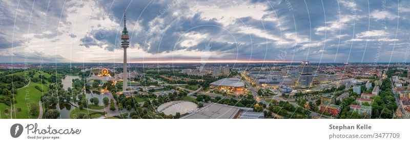 Drone aerial view of Olympiapark in the bavarian capital Munich. munich europe germany building architecture grass olympiapark nature outdoor city house day