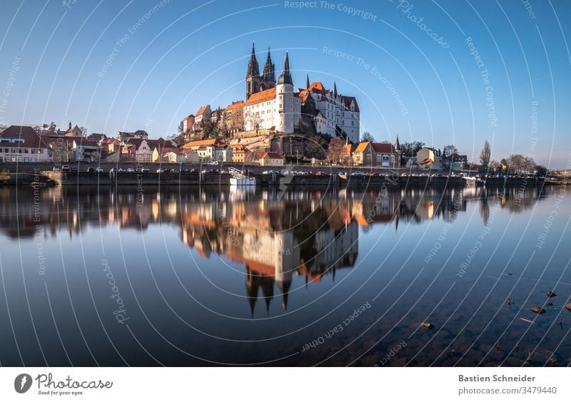 Albrechtsburg Meissen, mirrored on the Elbe Vacation & Travel Sightseeing City trip Architecture Twilight Evening Castle Dome Church Artificial light Light