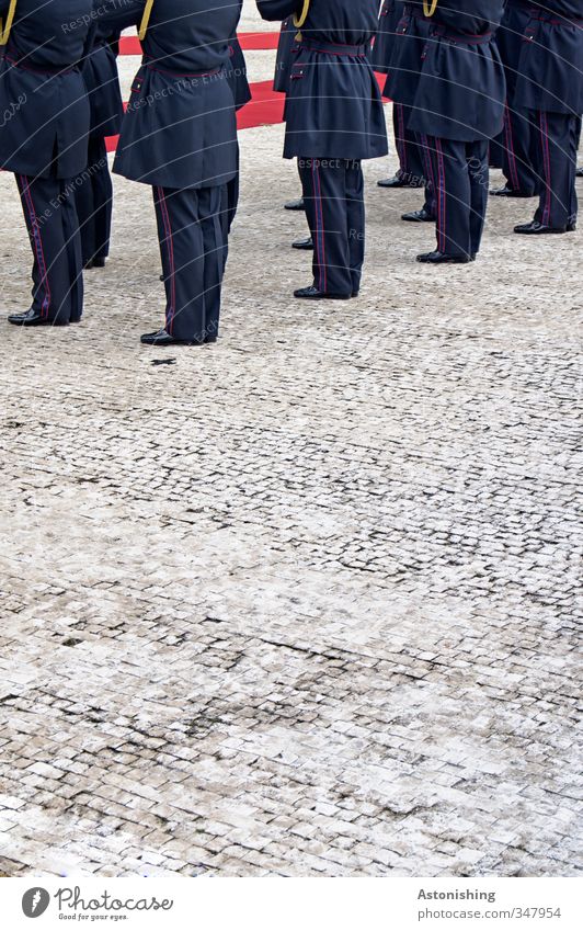 In rank and file Human being Masculine Man Adults Back Legs Feet Group Bratislava Slovakia Street Stone Stand Blue Gray Red Black White Disciplined Endurance