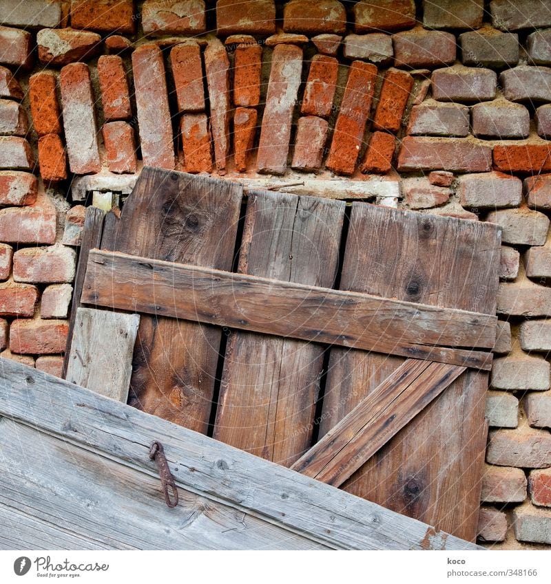 nailed House (Residential Structure) Hut Wall (barrier) Wall (building) Facade Window Door Wooden board Brick Nail Stone Line Old Authentic Sharp-edged Simple