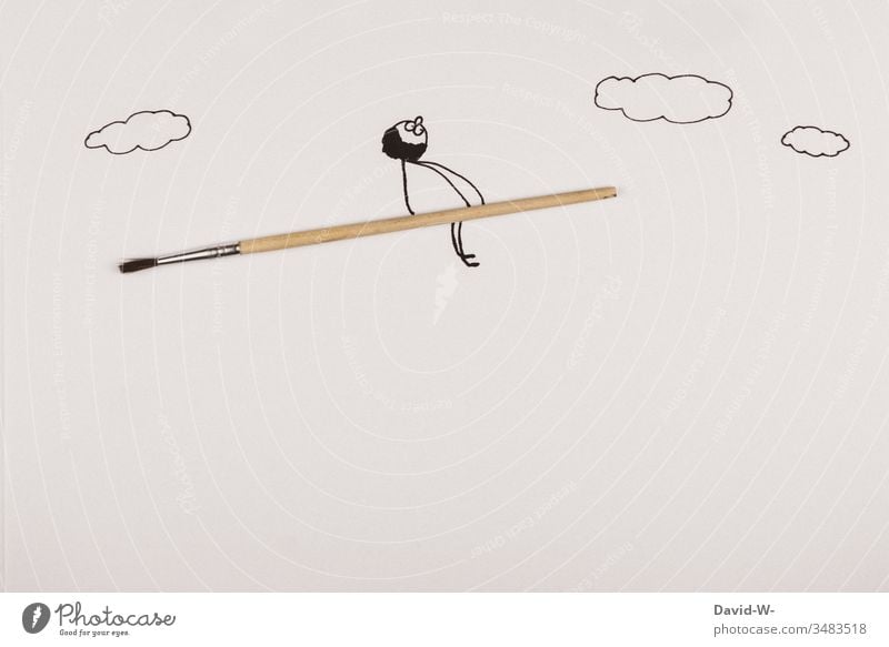 Stickman flies on a brush - Concept / School | Children | paint Paintbrush Drawing Watercolor Stick figure Man wittily Idea leak Broom Funny