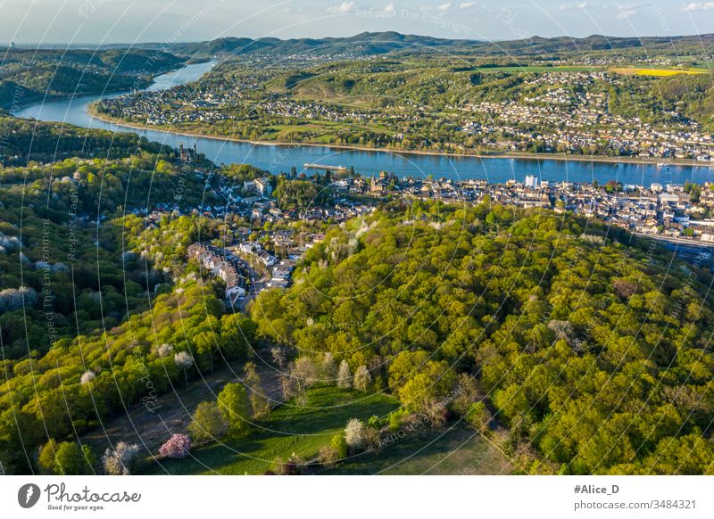 Aerial view of the Rhine Valley and the Cities Remagen  Erpel and Unkel Germany aerial apollinaris church attraction beautiful birdseye bonn city cityscape