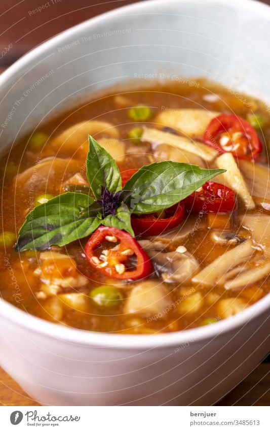 Chinese sweet and sour soup on wood Soup Hot Sour Red Eating Kitchen Delicious Asian Meal traditionally tribunal Porcelain Spicy Dinner herbs Gourmet Lunch