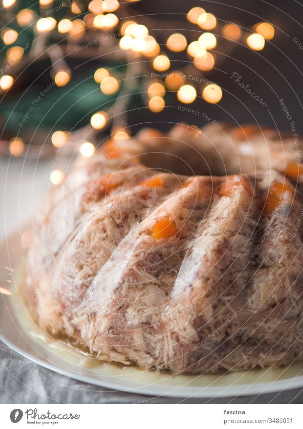 Perfect homemade jellied meat, copy space jelly aspic chicken mustard russian galantine gelatin cold food appetizer meal pork dinner beef dish carrot delicious
