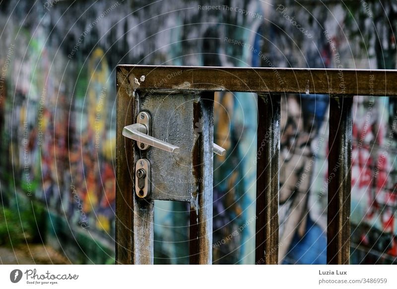 Entrance gate made of metal with patina, behind it colourful graffiti Goal Metal door handle Lock Patina Rust Graffiti variegated on the outside Courtyard Town