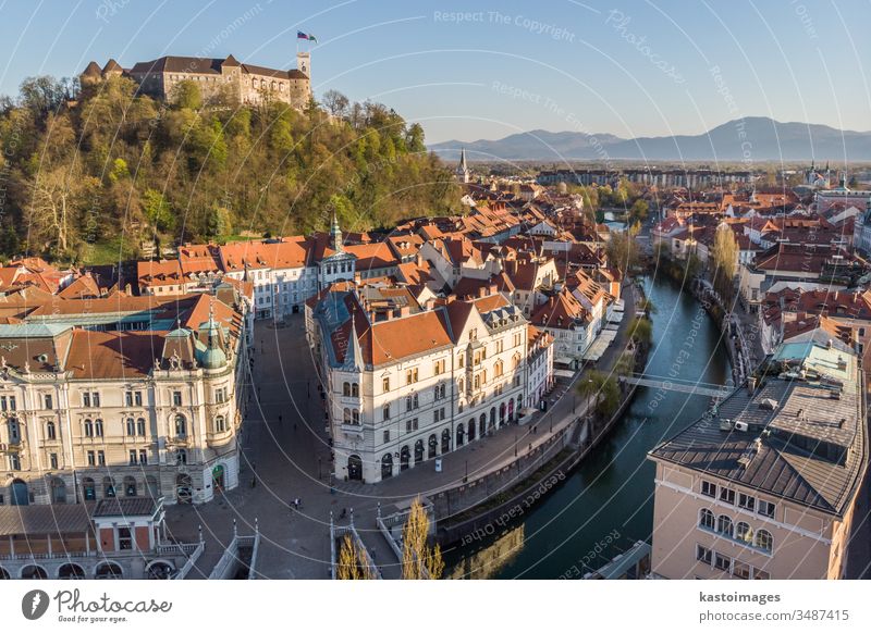 Aerial drone panoramic view of Ljubljana, capital of Slovenia in warm afternoon sun ljubljana slovenia castle cityscape panorama town medieval architecture
