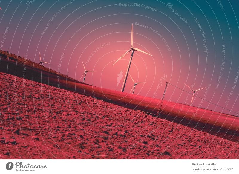 A wind energy electric windmill turbine in a colorful sunset and landscape power electricity sky environment farm alternative generator renewable wind turbine