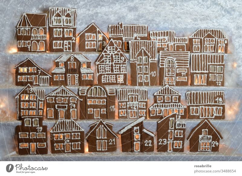 illuminated edible gingerbread advent calendar self-made from house facades in rows | anticipation Gingerbread houses Christmas bakery Baking Town Village