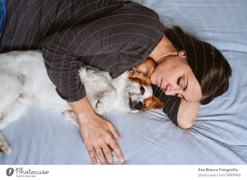 young woman and dog at home resting on bed. Love, togetherness and pets indoors sleep sleeping love daytime caucasian jack russell stay home stay safe