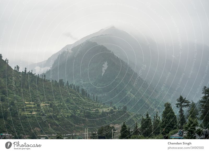 Clouds Above Mountain Peaks, Covered with Fog view mountain landscape nature peak sky green mountains summer forest cloud clouds hill valley tree travel trees