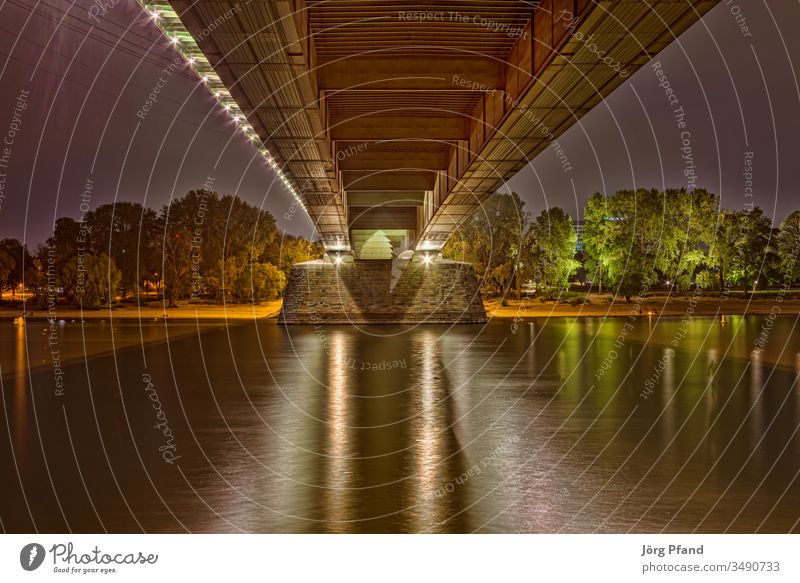 Under the Cologne Zoo Bridge Zoo bridge HDR Night down by the river Rhine Germany EUR Europe bank trees Light illuminated cuboids rheinufer long exposure