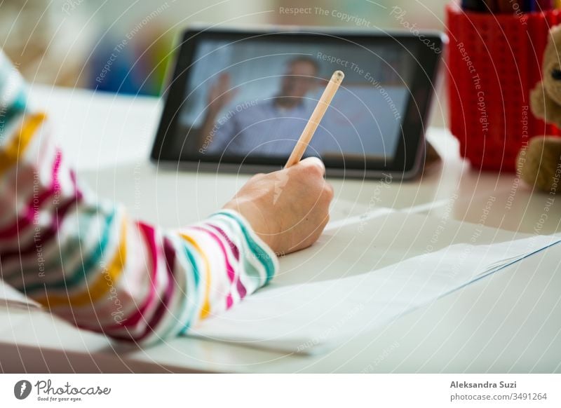 Primary school student having video conference call with teacher using webcam. Online education and e-learning concept. Home quarantine distance learning and working from home. Empty screen.