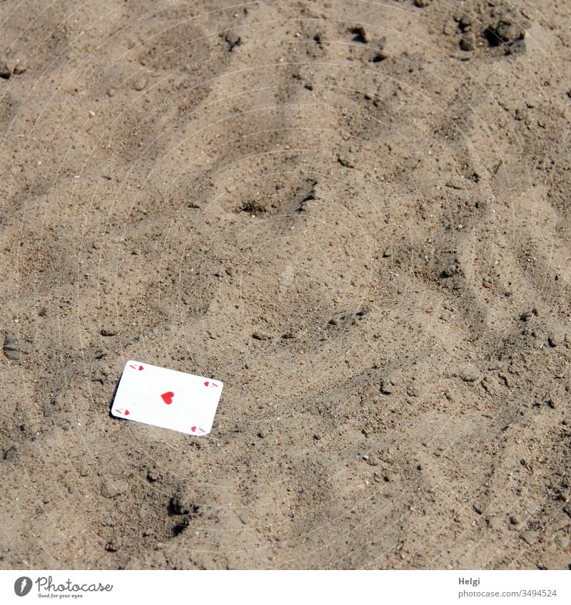 just popped up... ;-) a playing card Ace of Hearts lies in the sand As Playing card game Game of chance Sand Doomed Lie map Game of cards free time hobby