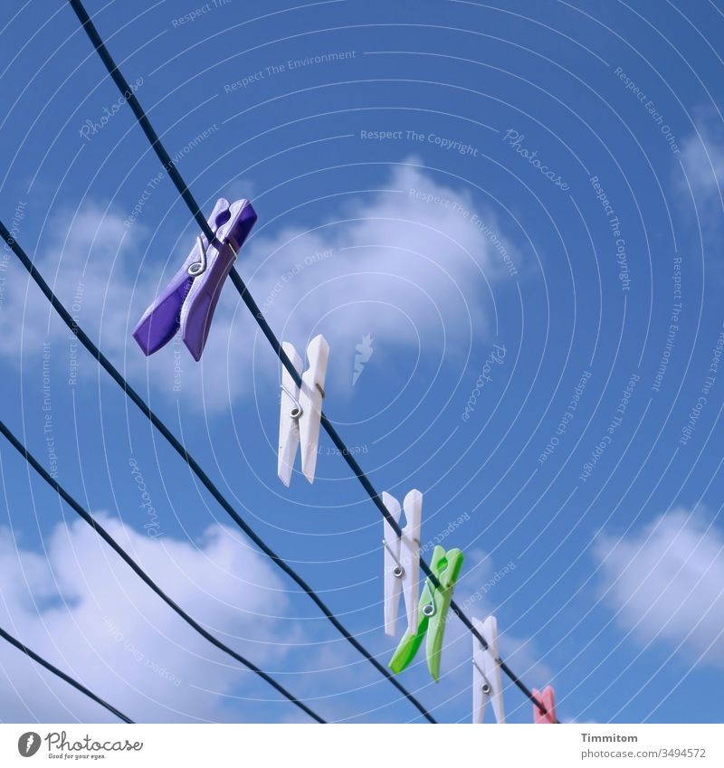 Clothes pegs enjoy the nice weather Clothesline Dry Plastic hang colors Sky Clouds Deserted Beautiful weather Blue White Denmark Exterior shot