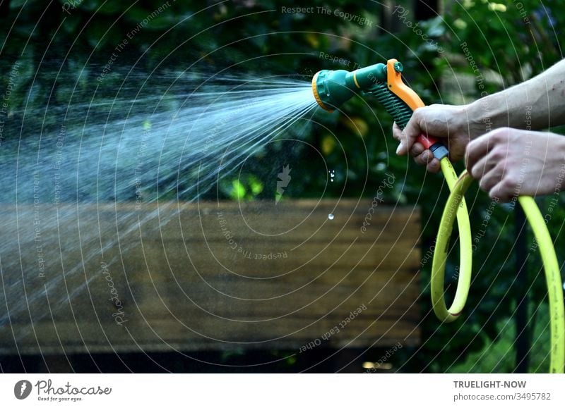 Two strong hands in front of a brown and dark green background hold a yellow garden hose with a green-orange coloured shower head from which a light shower jet of fresh water comes out, while some small drops fall down vertically