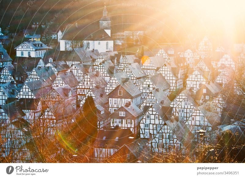 Freudenberg, with many beautiful half-timbered houses, at sunset freudenberg Exterior shot Deserted Architecture Manmade structures Facade Building