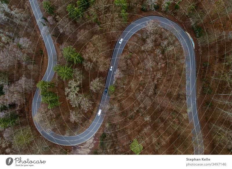 Aerial view of a forest with a curvy road. Captured from above with a drone in Bavaria, southern germany. curve cars aerial nature mountain tree panorama