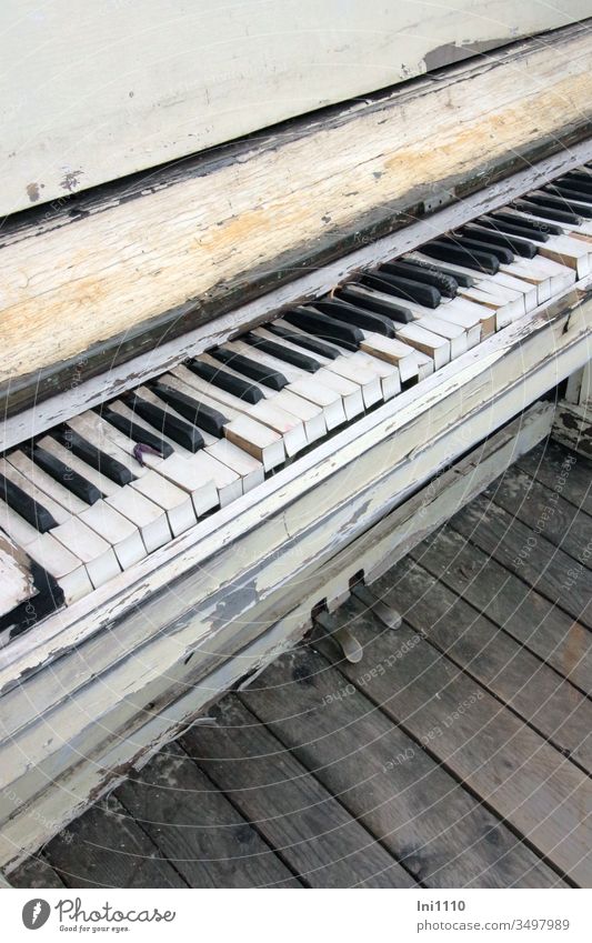 weathered old piano stands on weathered wooden planks Bulk rubbish Decoration nostalgically Wood Weathered Eye-catcher disused black and white fumble Keyboard