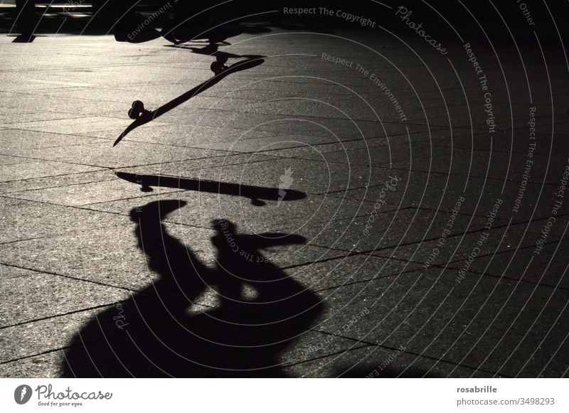 Skater at skateboard jump with his shadow in evening backlight | dynamic Skateboard Shadow Jump Skateboard Jump Dynamic in midair Acrobatics active Sports