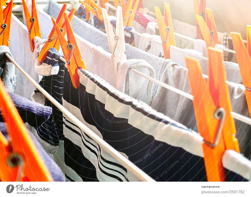 a group of orange clothes pegs on a drying rack to dry the laundry. Clothes  hung out to dry inside a house. Housework and hygiene. - a Royalty Free  Stock Photo from