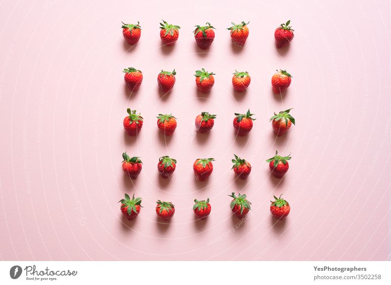 Fresh strawberries symmetrically aligned on the table agriculture berry bio concept control crowding detox diet discipline distancing farmers market flat lay