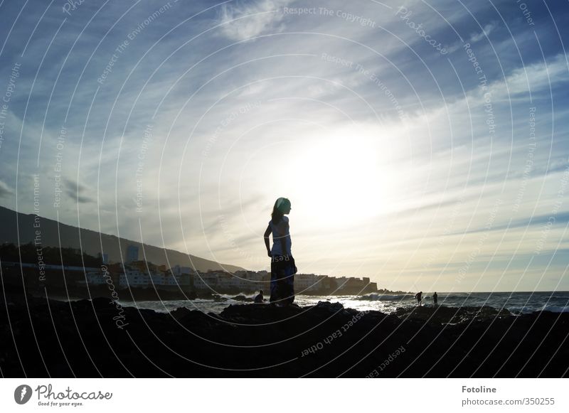 Spot of earth with a view Human being Feminine Child Girl Infancy 1 Environment Nature Landscape Sky Clouds Sun Summer Beautiful weather Warmth Coast Beach