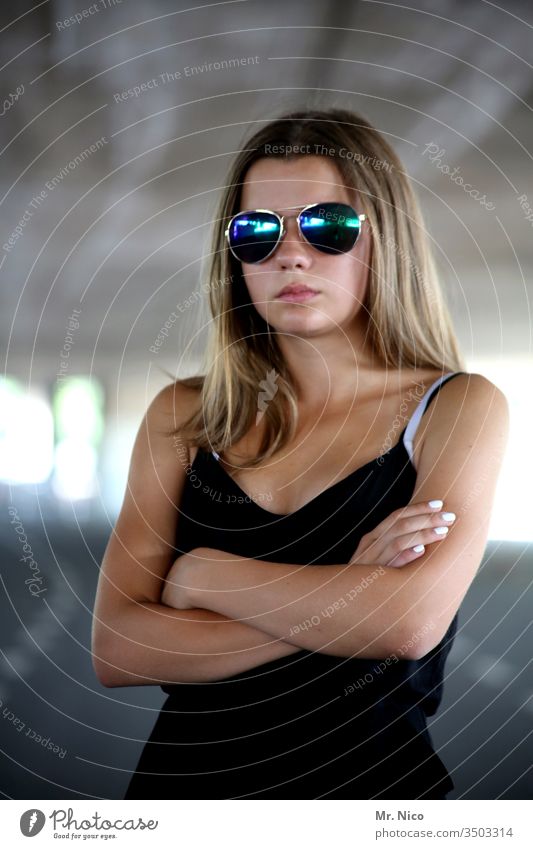 Portrait with sunglasses Self-confident Cool (slang) Sunglasses Lifestyle portrait Looking Hair and hairstyles Accessory Fashion already Long-haired Black