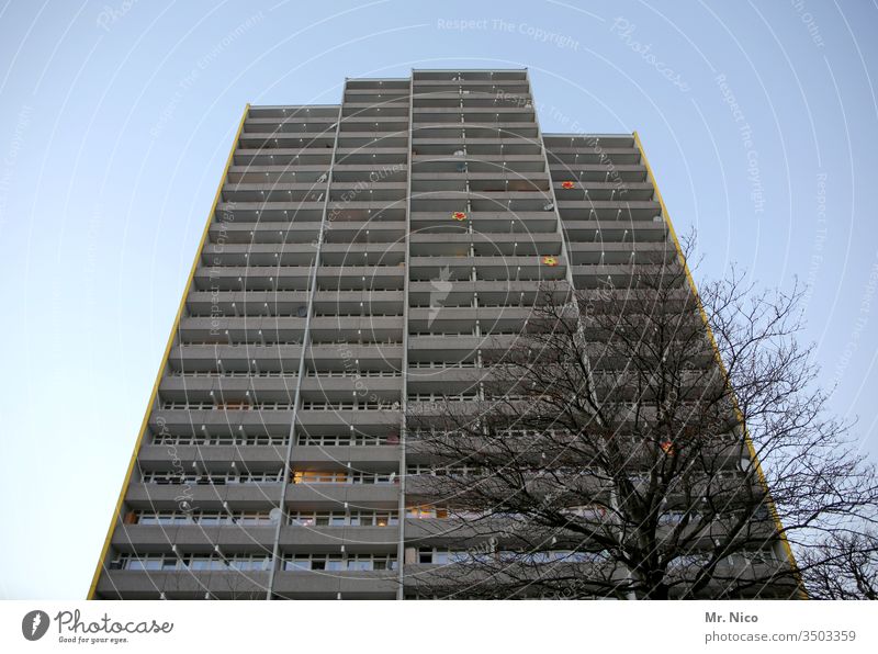 tree house High-rise Architecture Town skyscrapers built Sky Deserted Tall Facade Manmade structures Window Worm's-eye view Downtown