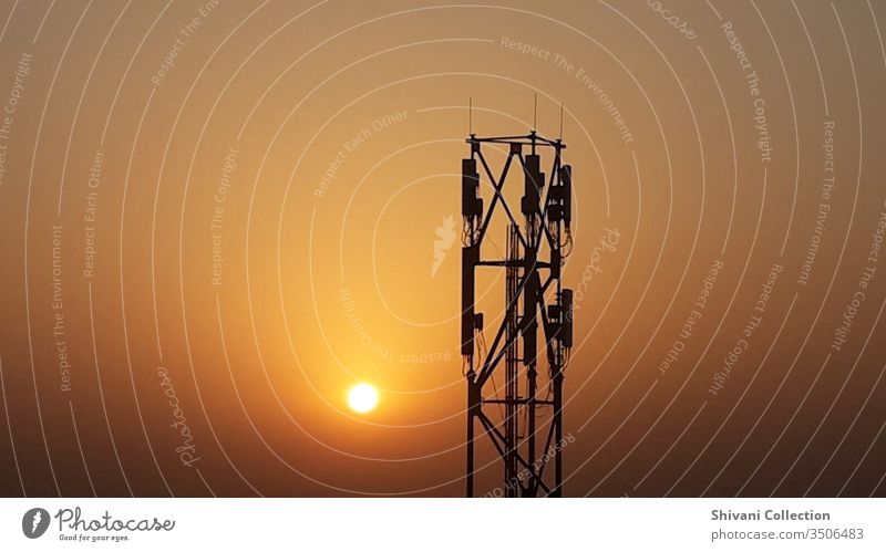 Telecommunication tower in India at the beautiful morning moments. Antenna background Beautiful scenery Blue broadcast Broadcasting Business cellular Clouds