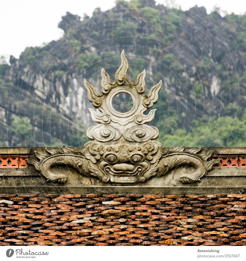 Roof decoration of a temple near Ninh Binh, Vietnam Jewellery Asia Face Dragon Fire mountain Nature Landscape brick Red Sky Horizon Exterior shot