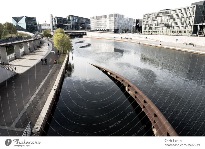 The Spree bank in Berlin in Corona times corona void spring wide view houses Water bridge Architecture Capital city River Germany Town Exterior shot Downtown