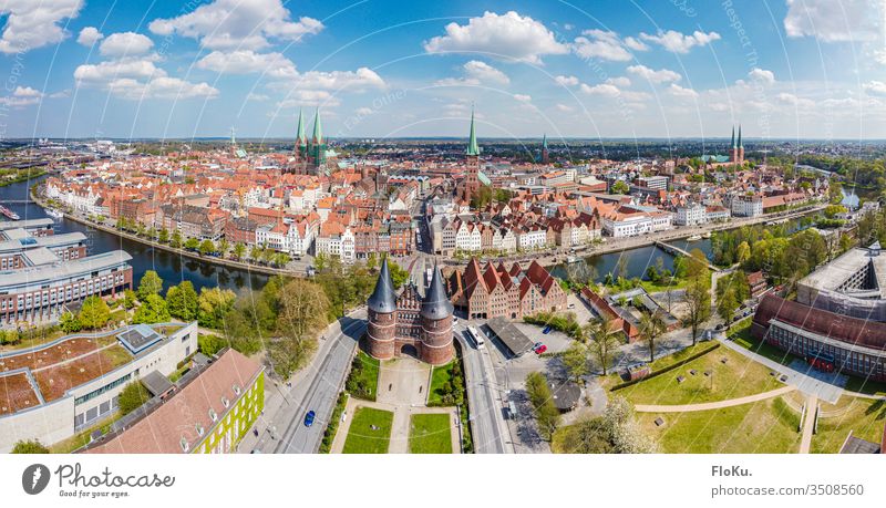 Panorama of the complete old town of Lübeck Aerial photograph Old town Hanseatic City Hanseatic League Town Trave holstentor Tourist Attraction