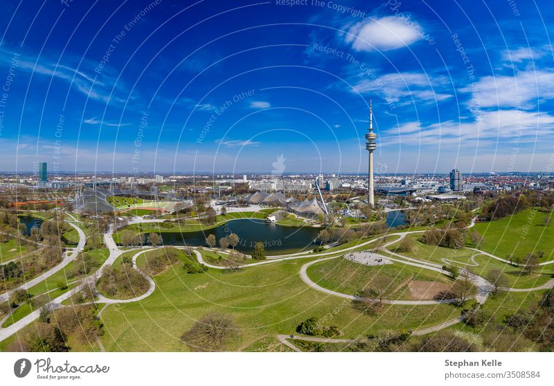 Attractive view at the Olymic Park by a flight over Munich at springtime. munich aerial panorama beauty blue sky impressive living feel well popular german