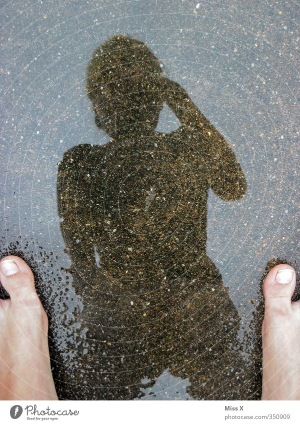 barefoot Human being Feet 1 Water Wet Take a photo Mirror image Puddle Colour photo Exterior shot Copy Space top Shadow Silhouette Reflection Bird's-eye view