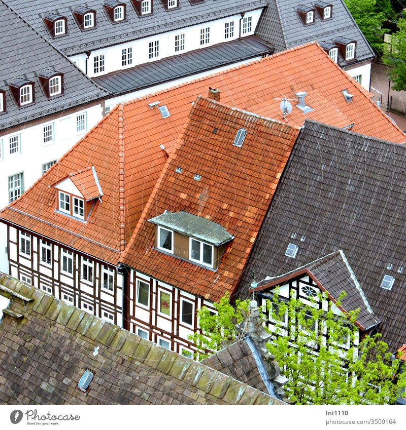Hameln from the bird's eye view Roofs with different tile colours and roof extensions roofs Roof pitch Roofing tile Roof shingles Red Anthracite