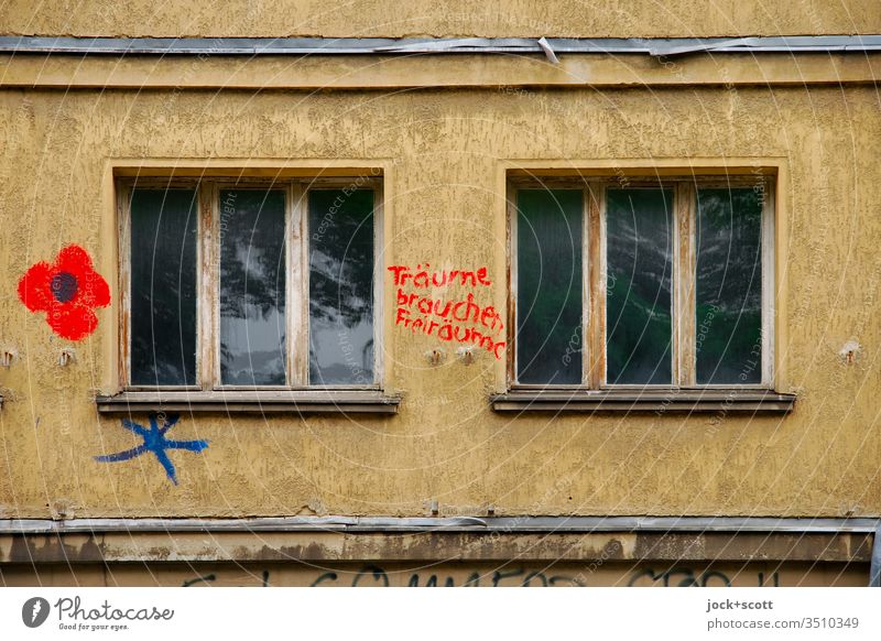 Only a facade, dreams need space Facade Window Word Transience Creativity Subculture Ravages of time Street art Determination Optimism protest Red Characters