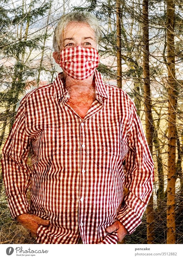 haute couture | coronakaro Checkered red chequered Mask Protection Self portrait Double exposure Human being Forest trees coronavirus Risk of infection