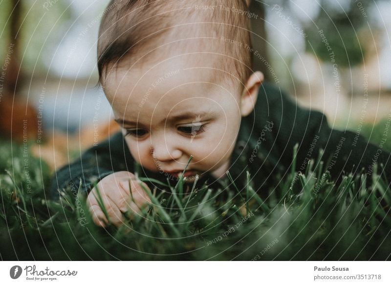 Close up baby touching grass Baby Grass Nature Green Wild Cute Portrait photograph babyhood Lifestyle 0 - 12 months Infancy Human being Colour photo Child