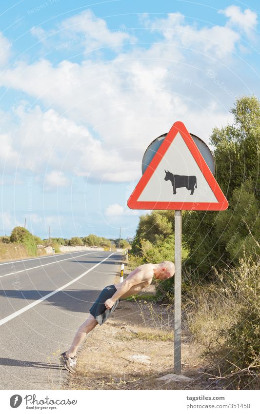 YOU WONNA RAM WIT´ME?! Road sign Man Fight Martial arts Bullfight Sign Balearic Islands Signs and labeling toro Spain Spanish Street Warning label Menorca