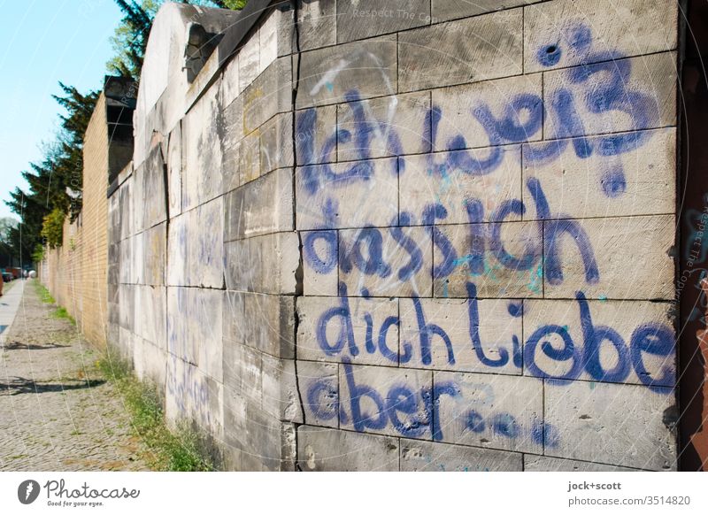 I know I love you, but... on that cemetery wall. German Characters Word Street art Daub Sidewalk Handwriting Text Spray vowed to love Weathered Ravages of time
